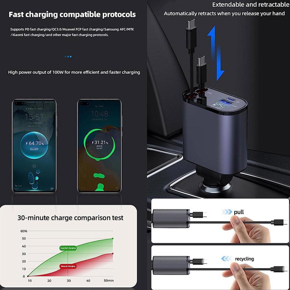 120W Super-Fast Retractable Car Phone Charger Compatable with Apple IPhone & Android شاحن هاتف يربط بمنفذ السيارة، سريع الشحن وقابل للسحب بقدرة 120 واط متوافق مع الايفون والاندرويد